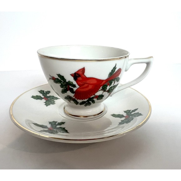 Vintage‎ Lefton Cardinal Teacup And Saucer Set Christmas Holly Berries Holiday - Picture 1 of 8